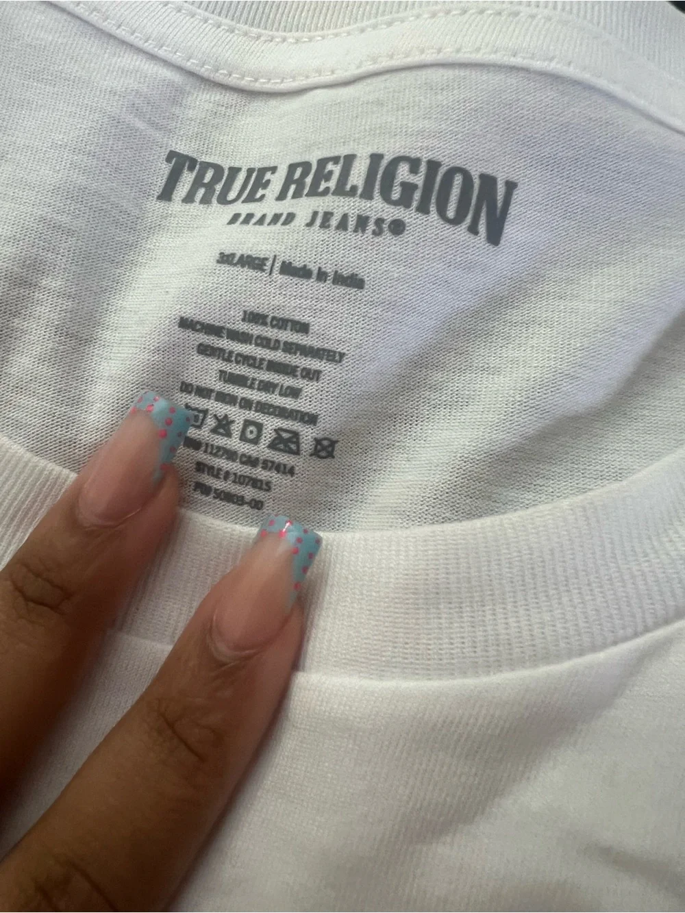 True Religion White Tee with Burgundy and Black Back Graphic